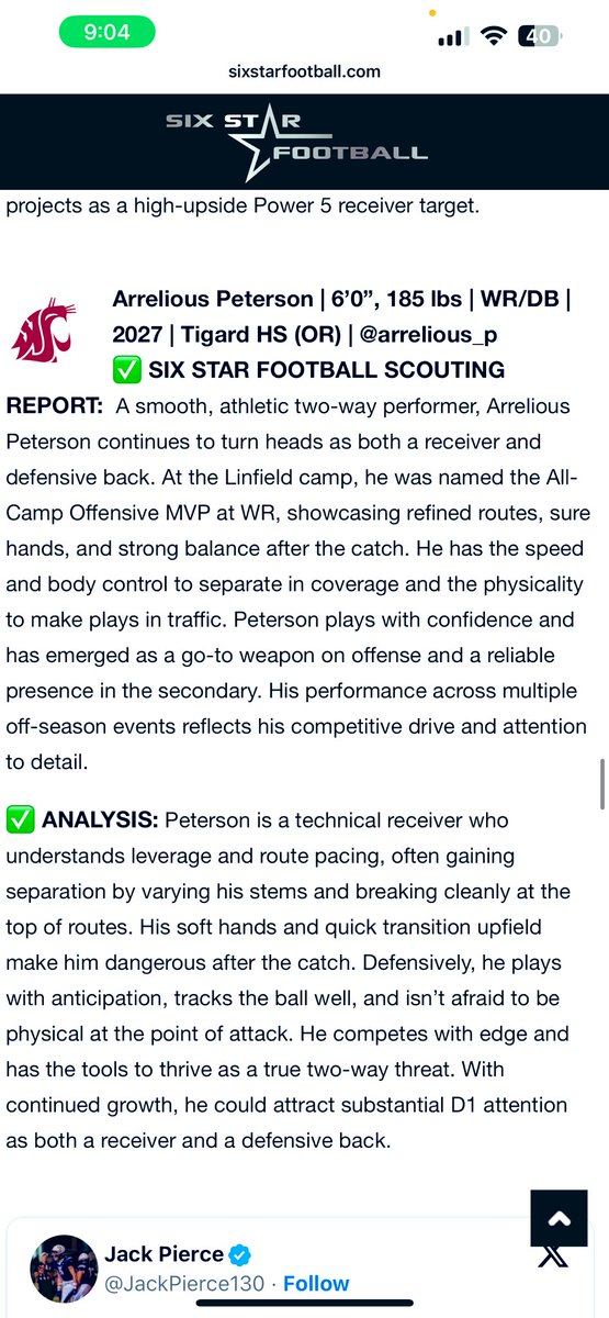 Arrelious Peterson (@arrelious_p) on Twitter photo Thank you <a href="/sixstarfootball/">Six Star Football | PLUS+</a> for the write up for the <a href="/WSUCougarFB/">Washington State Football</a> WR camp!
<a href="/CoachWhitleyII/">Will Whitley</a> <a href="/CoachBErickson/">Bryce Erickson</a> <a href="/CoachMattCaruso/">Coach Caruso</a> <a href="/CoachPease/">Brent Pease</a> <a href="/TigerNationFB/">Tigard Football</a> <a href="/teamlillard7on7/">Team Lillard Football</a> <a href="/LukeNess81/">Luke</a> <a href="/todd_crist/">Todd Crist</a> <a href="/flyguyhuey5/">Houston Lillard</a> <a href="/RCarterTV/">RaShaad Carter</a> Thank you <a href="/sixstarfootball/">Six Star Football | PLUS+</a> for the write up for the <a href="/WSUCougarFB/">Washington State Football</a> WR camp!
<a href="/CoachWhitleyII/">Will Whitley</a> <a href="/CoachBErickson/">Bryce Erickson</a> <a href="/CoachMattCaruso/">Coach Caruso</a> <a href="/CoachPease/">Brent Pease</a> <a href="/TigerNationFB/">Tigard Football</a> <a href="/teamlillard7on7/">Team Lillard Football</a> <a href="/LukeNess81/">Luke</a> <a href="/todd_crist/">Todd Crist</a> <a href="/flyguyhuey5/">Houston Lillard</a> <a href="/RCarterTV/">RaShaad Carter</a>