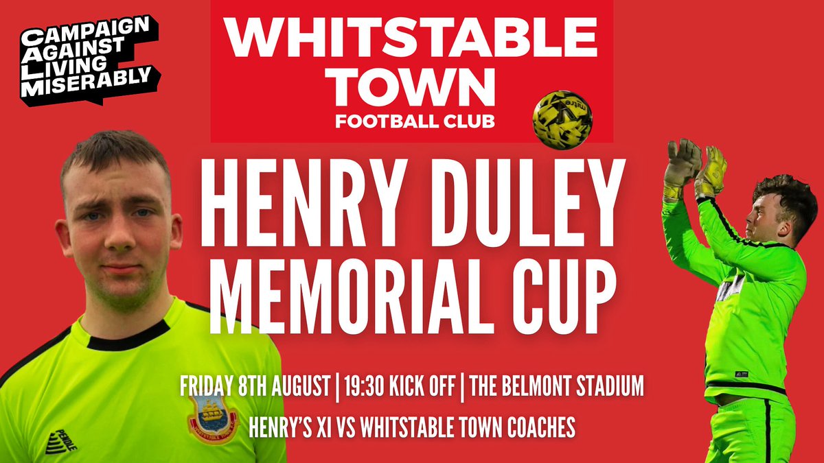 Charity Match This Friday – In Memory of Henry Duley

Join us this Friday evening at 7:30 PM at Whitstable Town Football Club for a very special charity match held in memory of Henry Duley.

It’s Henry’s XI vs Whitstable Town FC Coaches, with some familiar faces making an