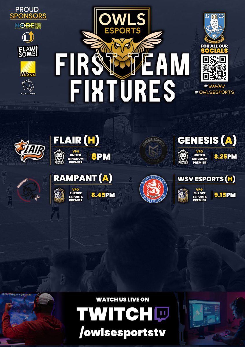 🚨OWLS ESPORTS PRO CLUBS NEWS🚨

It's the start of a brand new week on <a href="/OfficialVPG/">Virtual Pro Gaming</a> 

Here are the Academy and First Team fixtures and starting XI

Best of luck to both teams

<a href="/proclubs_weekly/">Pro Clubs Weekly</a> <a href="/swfc/">Sheffield Wednesday</a> 
<a href="/swfc/">Sheffield Wednesday</a> #OWLSEsports