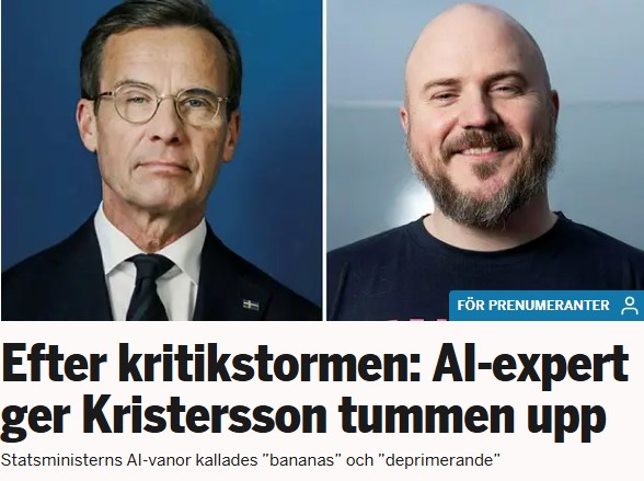 MathiasSundin's tweet image. Kritiken mot @SwedishPM AI-användning är pinsam.

Det är enligt @victorsmalm och @danielswedin  "deprimerande" och "bananas" att använda AI.

Byt ut AI mot internet och år 2025 mot 1995 så fattar man hur koko det är. 

"AI är bara en fluga."