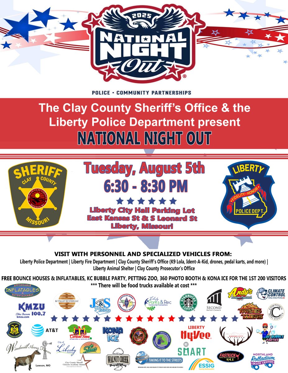 Clay County, Missouri Sheriff (@sheriffclayco) on Twitter photo Tomorrow is the big day! National Night Out with <a href="/libertymopd/">Liberty, Missouri Police Department</a> is 6:30-8:30 p.m. Aug. 5 in the Liberty City Hall Parking lot. Everything is free, except food trucks will have food for purchase. Tomorrow is the big day! National Night Out with <a href="/libertymopd/">Liberty, Missouri Police Department</a> is 6:30-8:30 p.m. Aug. 5 in the Liberty City Hall Parking lot. Everything is free, except food trucks will have food for purchase.