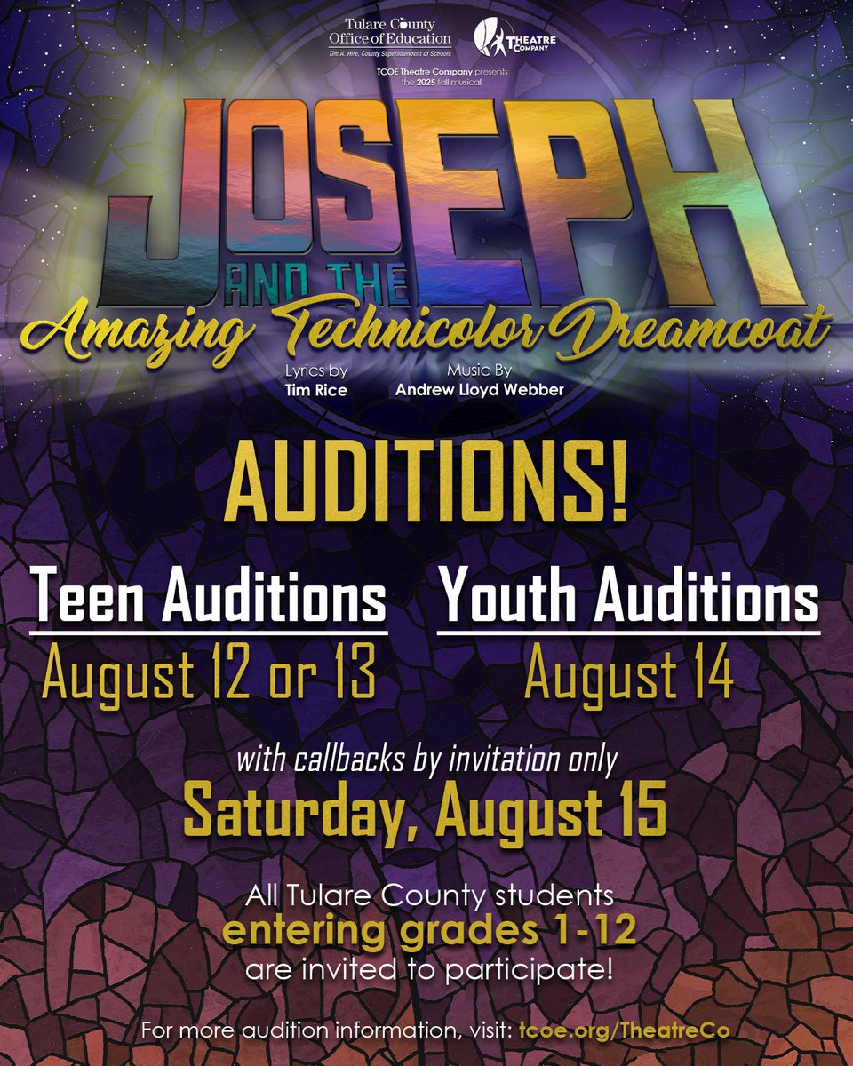 Students – auditions for the Theatre Company's fall musical, Joseph and the Amazing Technicolor Dreamcoat, will be held next week, August 12-14. For complete details, visit tcoe.org/TheatreCo/Call…. There you'll find the audition packet, tentative rehearsal schedule, and more!