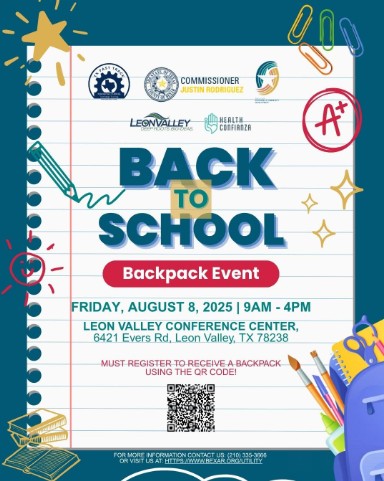 On Friday, August 8th from 9am to 4pm the Bexar County Utility Assistance Program will be hosting a back-to-school event at Leon Valley Conference Center, 6421 Evers Rd, Leon Valley, TX 78238.
