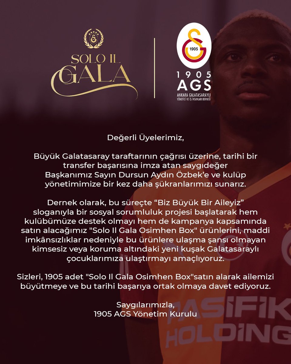 “Biz Büyük Bir Aileyiz” sloganıyla başlattığımız sosyal sorumluluk projesi kapsamında, hem kulübümüze destek olmayı hem de kampanya dahilinde satın alacağımız 1905 adet "Solo Il Gala Osimhen Box" ürünlerini, maddi imkânsızlıklar nedeniyle bu ürünlere ulaşma şansı olmayan kimsesiz