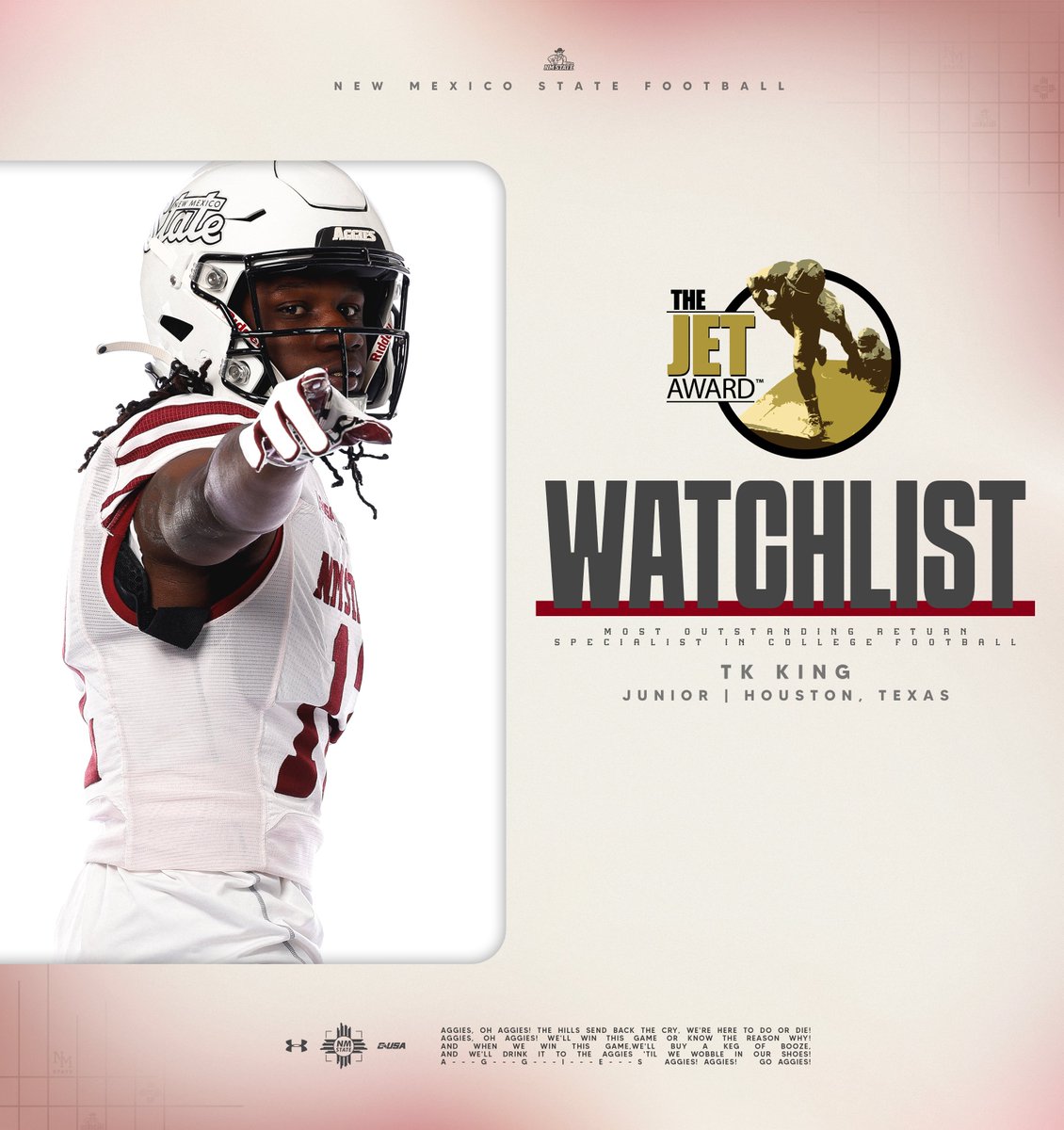 New Mexico State Football (@nmstatefootball) on Twitter photo TK King has been named to the 2025 <a href="/JetAward/">The Jet Award</a> Preseason Watchlist๐ฉ๏ธ
#AggieUp x #RideForTheBrand TK King has been named to the 2025 <a href="/JetAward/">The Jet Award</a> Preseason Watchlist๐ฉ๏ธ
#AggieUp x #RideForTheBrand
