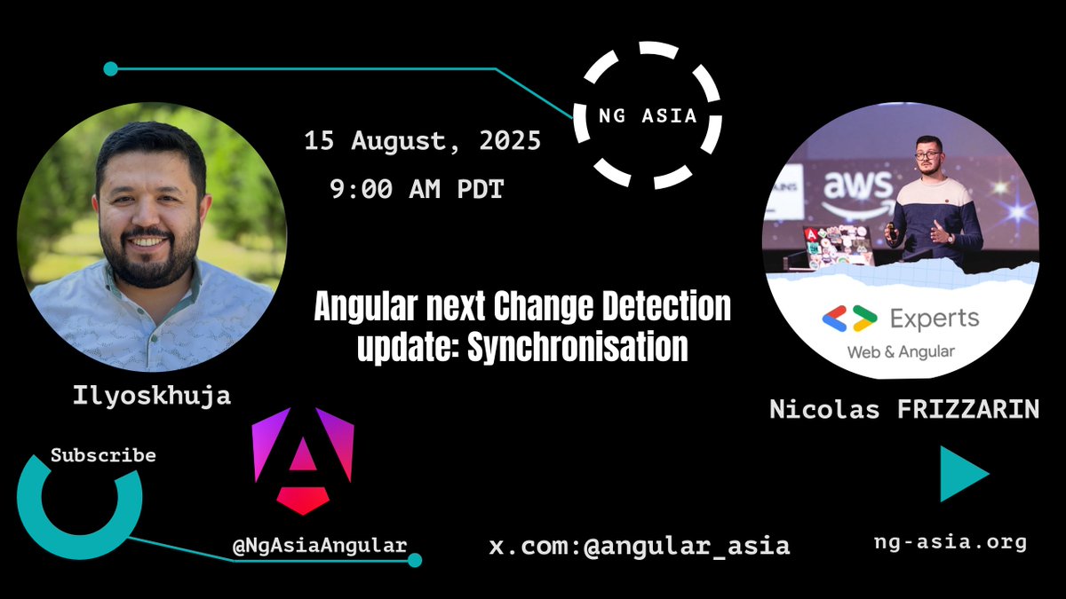 Ng Asia (@angular_asia) on Twitter photo 🚨 NG Asia Meetup – Aug 15, 9:00 AM PDT!
🗓️ Angular's Next Change Detection Update: Synchronisation
🎙️ <a href="/Nicooss54/">Nicolas FRIZZARIN 🥑</a> - Angular GDE, NG-Champion
📺 Live on YouTube: youtube.com/@NgAsiaAngular
🔔 Follow: x.com/angular_asia
#Angular #NGAsia #ChangeDetection 🚨 NG Asia Meetup – Aug 15, 9:00 AM PDT!
🗓️ Angular's Next Change Detection Update: Synchronisation
🎙️ <a href="/Nicooss54/">Nicolas FRIZZARIN 🥑</a> - Angular GDE, NG-Champion
📺 Live on YouTube: youtube.com/@NgAsiaAngular
🔔 Follow: x.com/angular_asia
#Angular #NGAsia #ChangeDetection