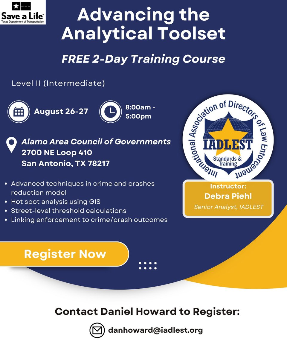 IADLEST (@iadlest) on Twitter photo 🚨 Crime analysts & data professionals! 🚨
Join us August 26–27 for a FREE 2-day certified course: Advancing the Analytical Toolset!
✅ Hot spot evaluation
✅ Crash/crime reduction
✅ GIS tools
REGISTER today by emailing: danhoward@iadlest.org
#EndTheStreakTX 🚨 Crime analysts & data professionals! 🚨
Join us August 26–27 for a FREE 2-day certified course: Advancing the Analytical Toolset!
✅ Hot spot evaluation
✅ Crash/crime reduction
✅ GIS tools
REGISTER today by emailing: danhoward@iadlest.org
#EndTheStreakTX