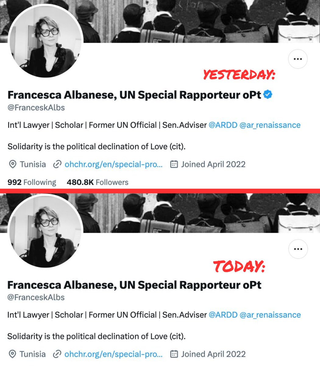 BREAKING: After our legal appeal to Elon Musk to enforce the new U.S. sanctions against Hamas terrorism supporter Francesca Albanese, her blue check has now been removed — diminishing this UN antisemite's reach, visibility, and credibility. 

Full story: unwatch.org/u-n-official-f…