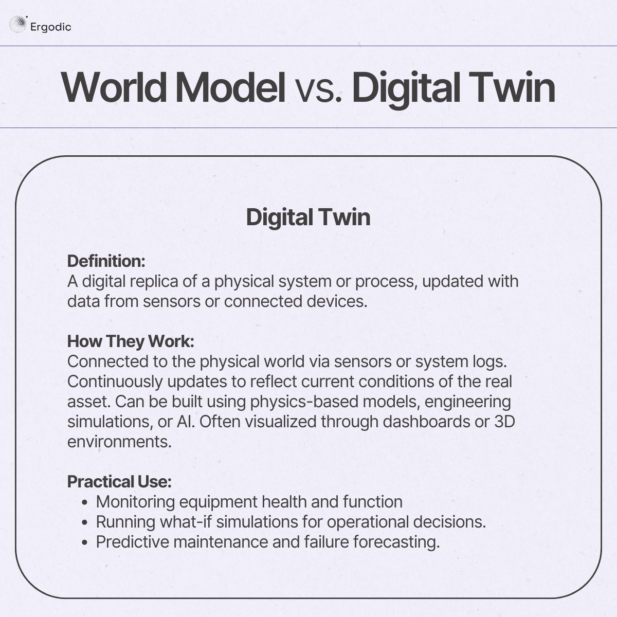 ErgodicAI's tweet image. World Model vs. Digital Twin

They sound similar, but they’re not:

🤖 Digital Twin = mirrors reality to optimise performance
🌎 World Model = simulates futures to plan decisions

Reflect vs. Predict.

#AI #WorldModel #DigitalTwin #MachineLearning