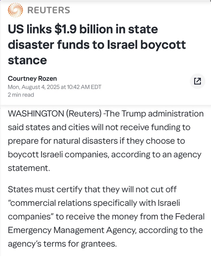 Cities and states can boycott American companies all day long… but if they boycott Israeli companies, the Trump administration will cut off their federal funding.