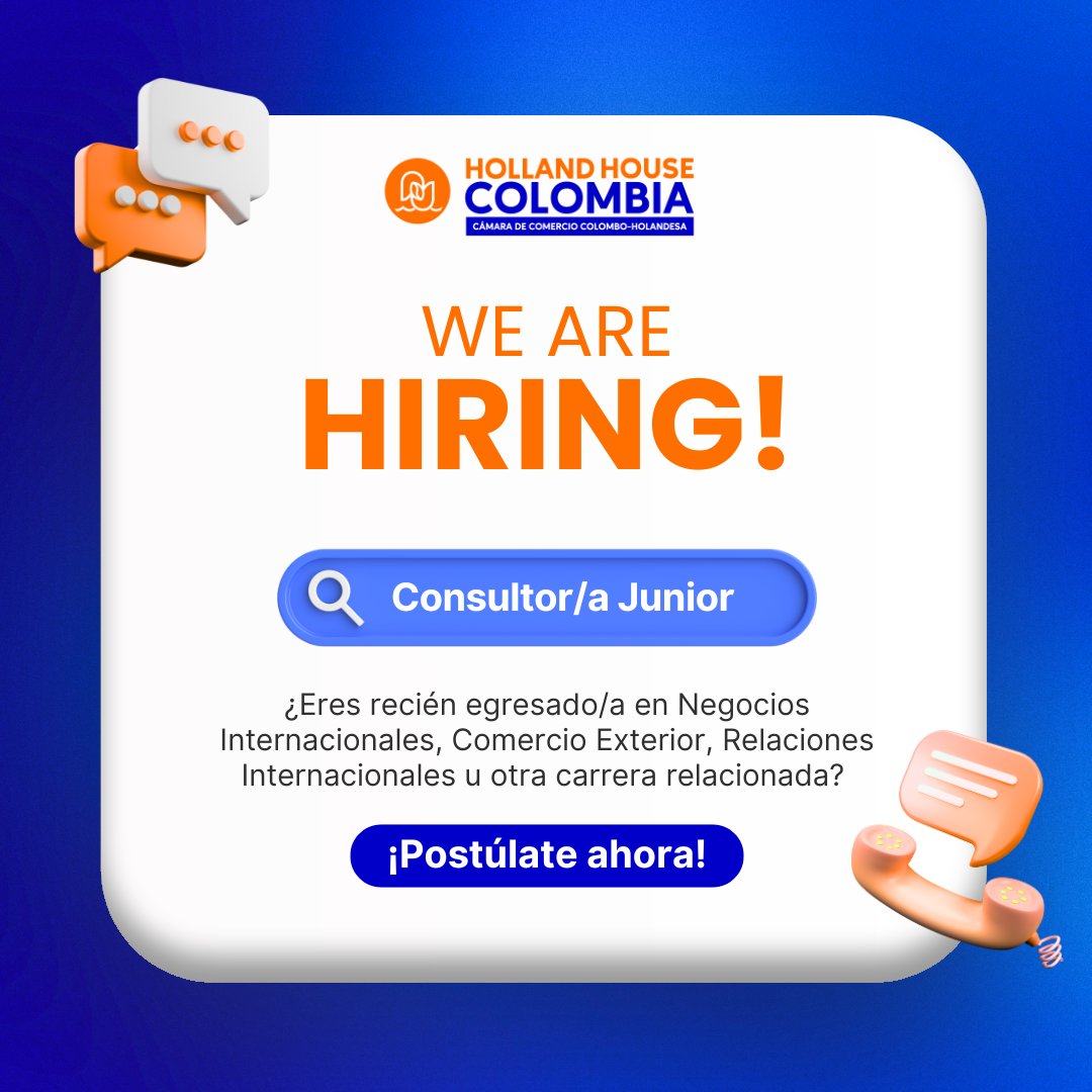 🚀¡Únete a nuestro equipo y potencia el crecimiento de empresas colombianas y neerlandesas!

💡Si eres estudiante egresado en Negocios Internacionales, Comercio Exterior o carreras afines, esta vacante es para ti.

✉️Postúlate al correo dbohorquez@hollandhouse-colombia.com