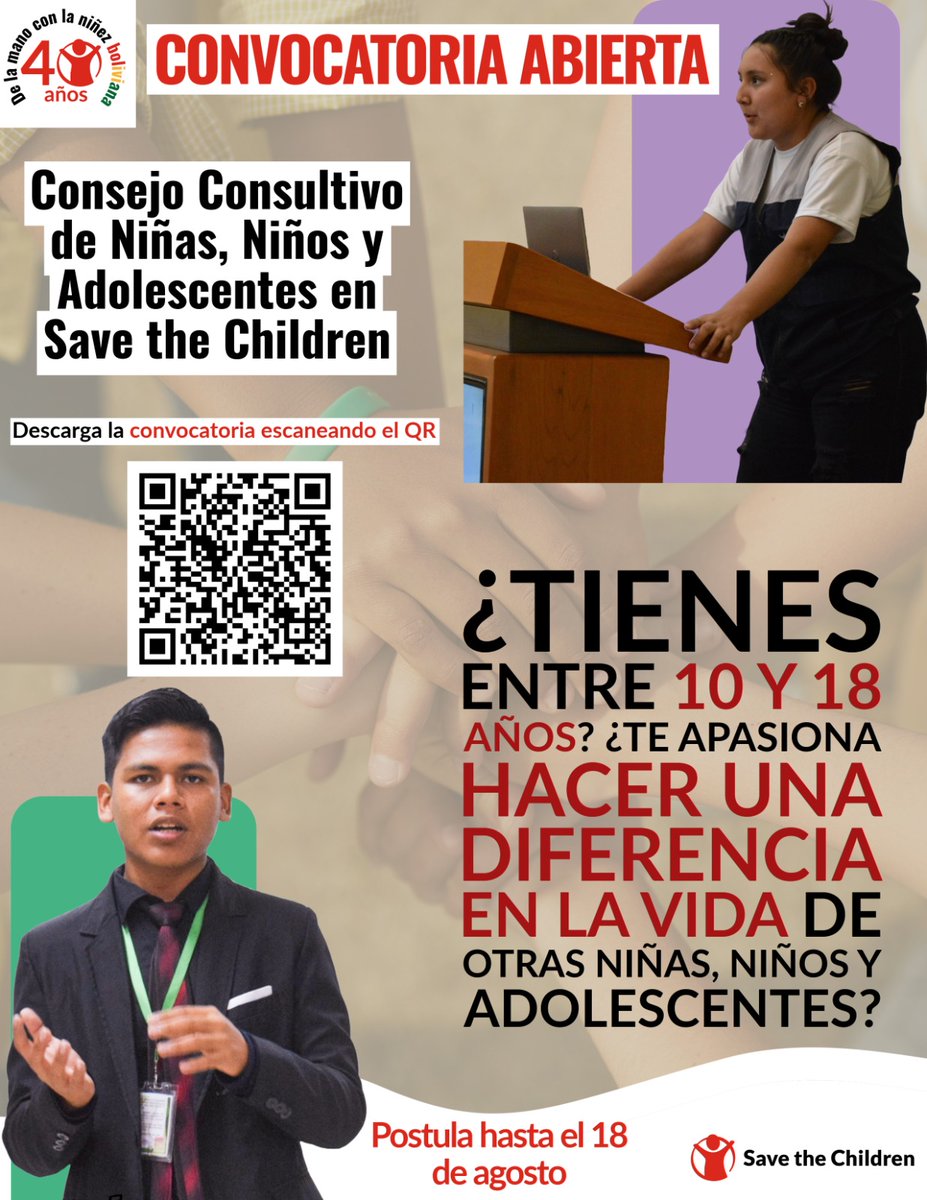 🌟 ¡El país necesita más líderes de la niñez y adolescencia! 🌟
¿Tienes entre 10 y 18 años? ¿Te apasiona cambiar el mundo, defender tus derechos y los de otras niñas, niños y adolescentes?
🗓️ Postúlate hasta el 18 de agosto
📲 Descarga la convocatoria escaneando el código QR