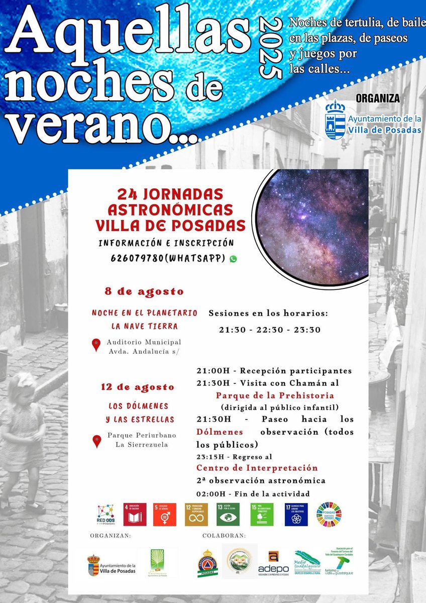 Ayto. de Posadas (@aytodeposadas) on Twitter photo 🔭XXIV JORNADAS ASTRONÓMICAS
🗓️Viernes 8
🌏Noche en el Planetario
📍Auditorio Municipal
⌚️Sesiones: 21:30, 22:30 y 23:30
🗓️ Martes 12
💫Los Dólmenes y las Estrellas
📍Aula de la Naturaleza
⌚️21:00
ℹ️ Inscripciones:
☎️ 957630378 / 626079780
📧: medioambiente@posadas.es 🔭XXIV JORNADAS ASTRONÓMICAS
🗓️Viernes 8
🌏Noche en el Planetario
📍Auditorio Municipal
⌚️Sesiones: 21:30, 22:30 y 23:30
🗓️ Martes 12
💫Los Dólmenes y las Estrellas
📍Aula de la Naturaleza
⌚️21:00
ℹ️ Inscripciones:
☎️ 957630378 / 626079780
📧: medioambiente@posadas.es