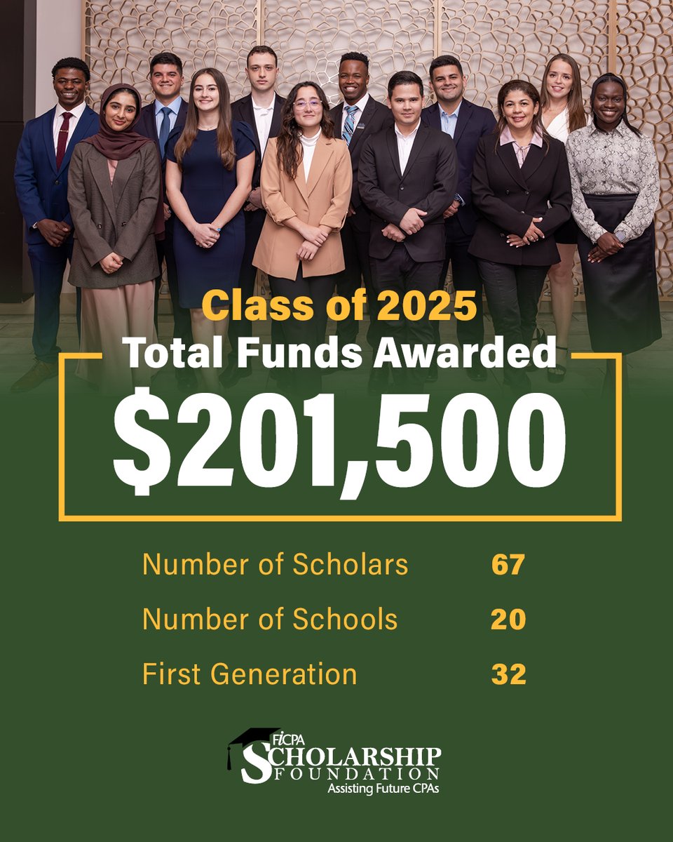The FICPA Scholarship Foundation is pleased to introduce its Class of 2025! This year, we've distributed more than $200,000 to 67 scholars at 20 Florida colleges and universities. We are excited to welcome these future CPAs into our Foundation family. hubs.ly/Q03B8gn-0