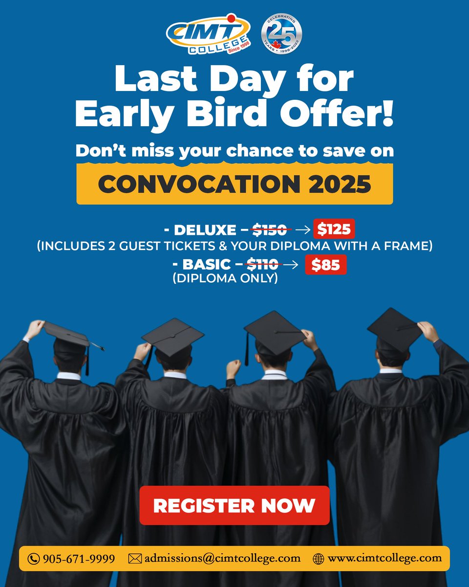 CIMT College (@cimtcollege) on Twitter photo π LAST DAY for Early Bird Savings! π
Donβt miss your chance to lock in your spot for CONVOCATION 2025 at a special price!
Celebrate your success in style β book now before prices go up!β¨
π 905-671-9999
π cimtcollege.com
π§ admissions@cimtcollege.com π LAST DAY for Early Bird Savings! π
Donβt miss your chance to lock in your spot for CONVOCATION 2025 at a special price!
Celebrate your success in style β book now before prices go up!β¨
π 905-671-9999
π cimtcollege.com
π§ admissions@cimtcollege.com