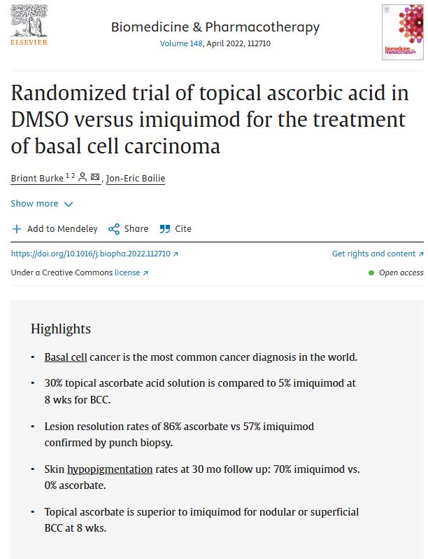 Topical vitamin C in DMSO was more effective than a standard topical treatment against basal cell carcinoma, a type of skin cancer.

86% resolution in 8 weeks.