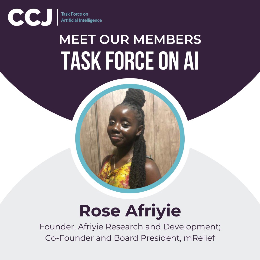 Council on Criminal Justice (@counciloncj) on Twitter photo Meet Task Force on Artificial Intelligence member <a href="/RoseSAfriyie/">Rose S. Afriyie</a>, founder of Afriyie Research and Development and co-founder and board president of mRelief. Afriyie has led key AI projects and represents mRelief’s innovative work to the White House and USDA. Meet Task Force on Artificial Intelligence member <a href="/RoseSAfriyie/">Rose S. Afriyie</a>, founder of Afriyie Research and Development and co-founder and board president of mRelief. Afriyie has led key AI projects and represents mRelief’s innovative work to the White House and USDA.