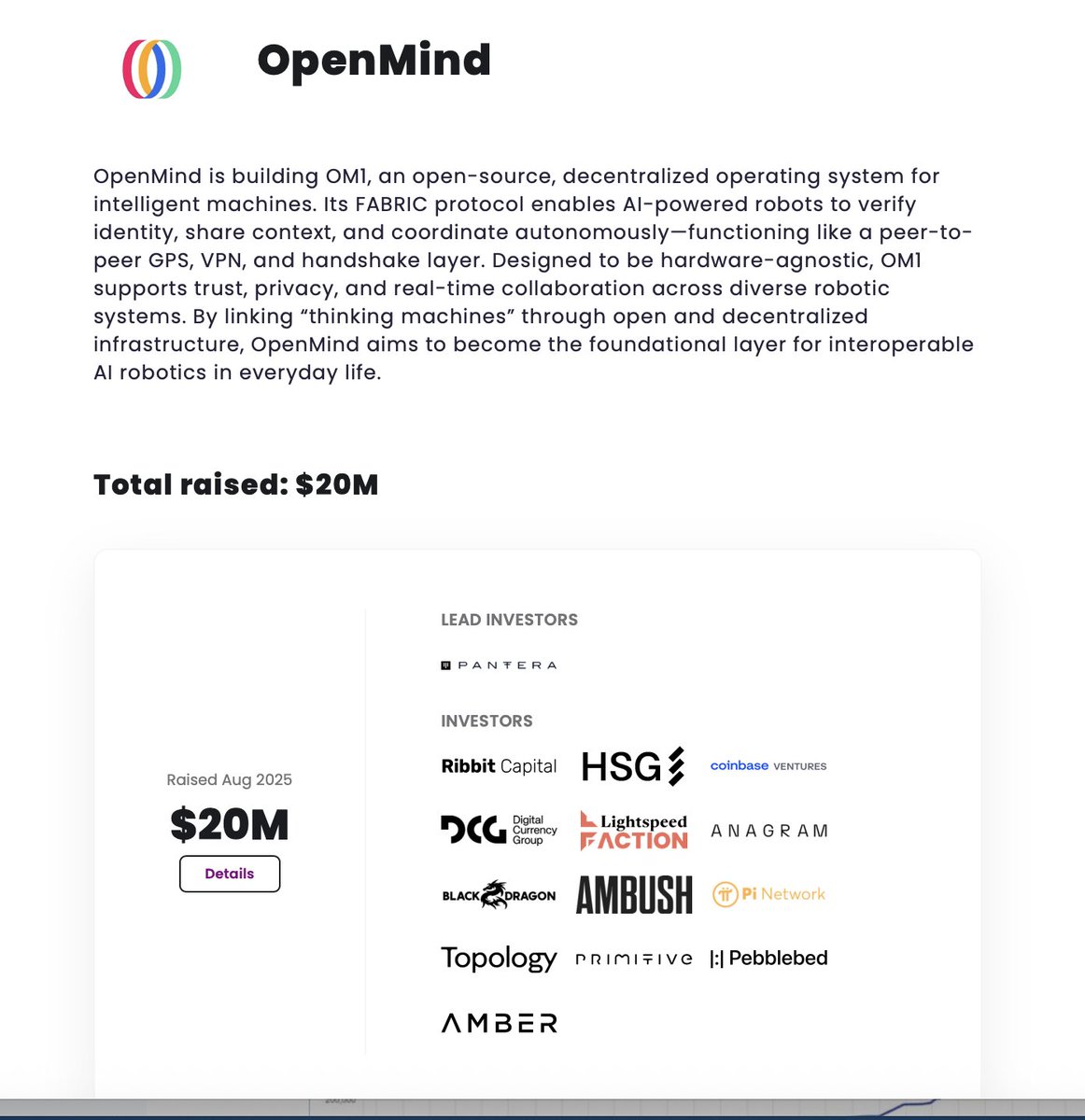 OpenMind just raised $20 million to build the main operating system for  future robots. Pantera Capital led the round, with support from Coinbase  Ventures, Digital Currency Group, and Ribbit Capital. This could