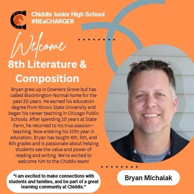 ChiddixJHS's tweet photo. Please join me in giving a warm welcome to Bryan Michalak, our new Literature &amp; Composition teacher! Bryan is no stranger to Chiddix, and we are thrilled to see him continue making a positive impact on our students in this new role. #BEaCHARGER #unit5pride https://t.co/FoM4L2RxX5