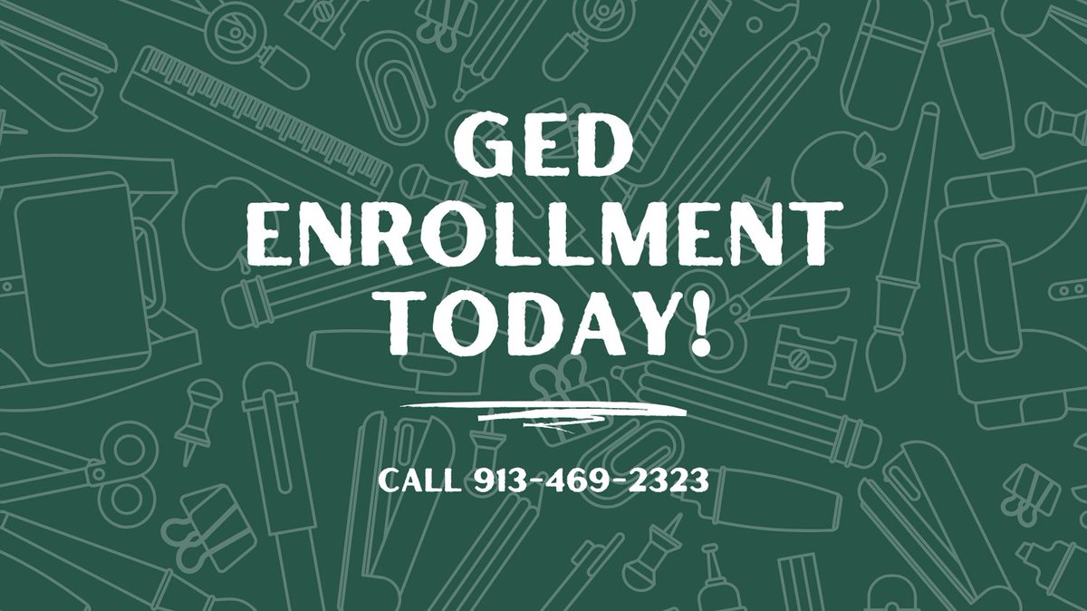 Do you know someone ready to finish high school? Tell them about our GED enrollment this week! They just need to call 913-469-2323 to get started. 
#GED
#Enroll
#JohnsonCountyKS
Image: Green background with white text that reads, "GED enrollment today! Call 913-469-2323"