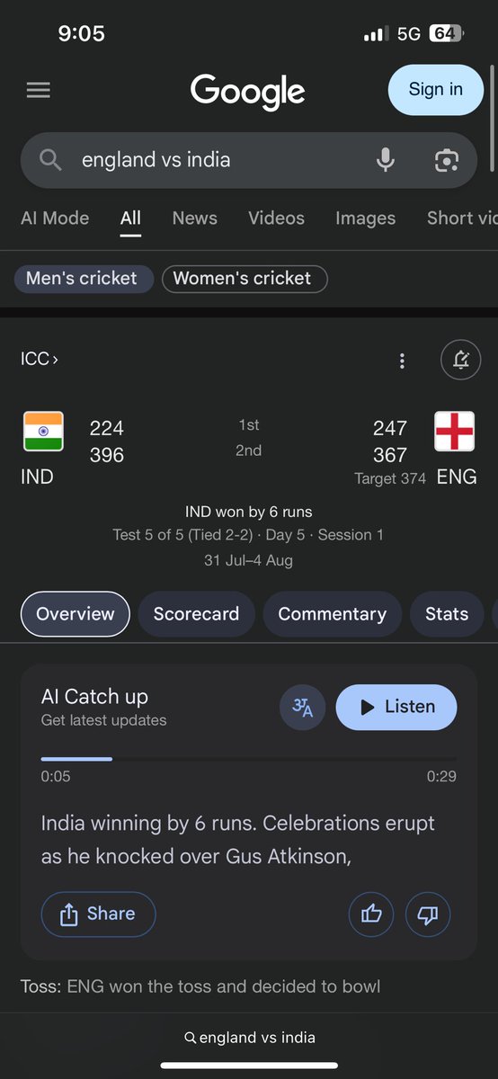 This AI catch up in Google SERPs is super interesting. Just searched a sports match and got a full match summary with options to play it in English or the local language. There’s even a share button. cc : <a href="/rustybrick/">Barry Schwartz</a>
