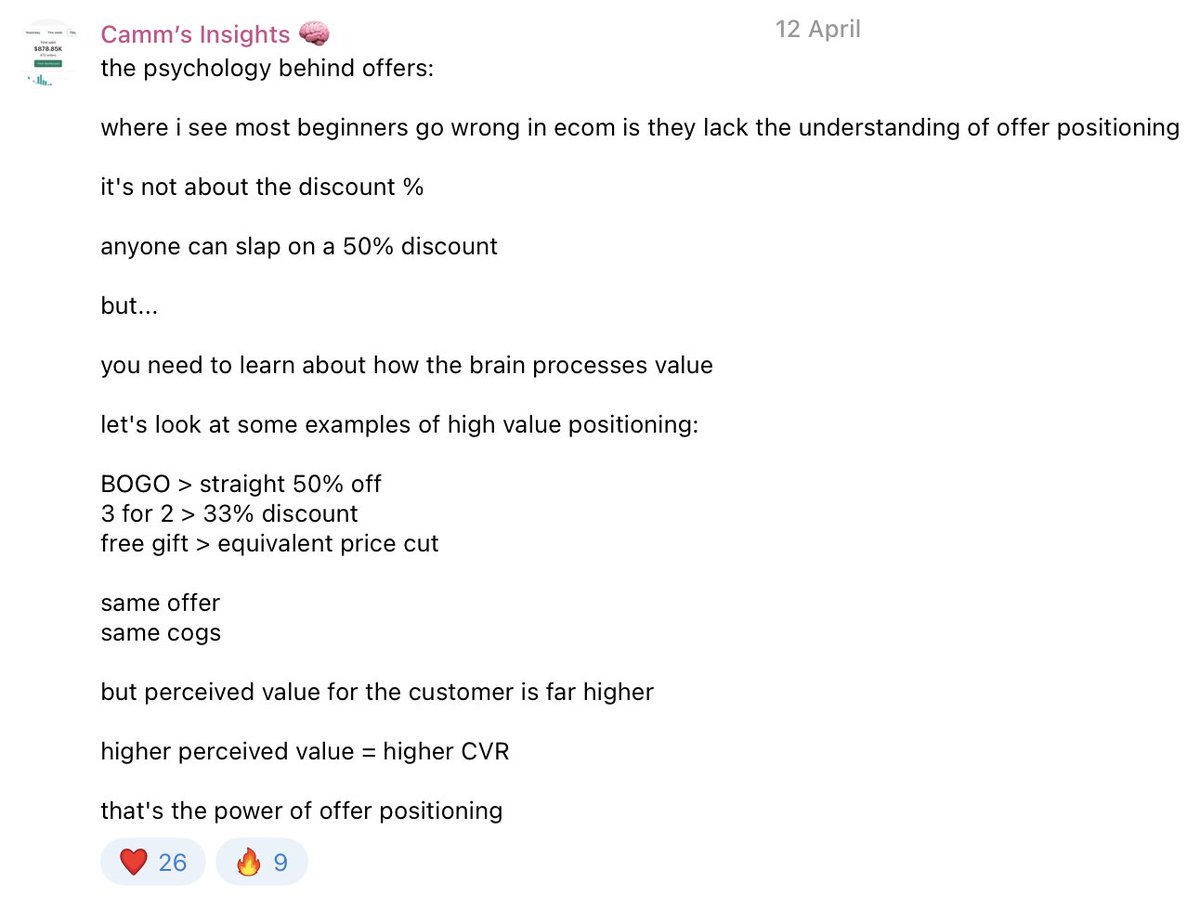 (C'est pas moi qui le dit)

La psy derrière une bonne offre :

L'erreur que font la plupart des gens  ?
👉 Ils ne comprennent pas le positionnement d'une offre et que tout tourne autour du % de réduction.

N’importe qui peut balancer un -50%..

Tu dois comprendre comment le