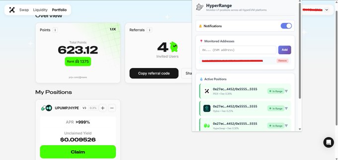 HyperRange 仪表盘展示积分、推荐和活跃仓位