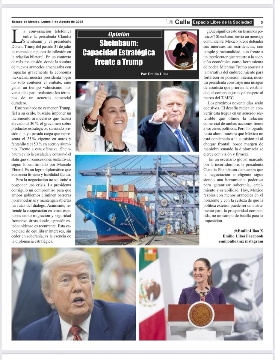 Emilio Ulloa Pérez (@emilioulloa) on Twitter photo La Presidenta <a href="/Claudiashein/">Claudia Sheinbaum Pardo</a> ganó tiempo ⏳ y México 🇲🇽 oportunidades.
90 días para negociar sin aranceles extra ☝️.
La estrategia fue clara: proteger al país 🙌. La Presidenta <a href="/Claudiashein/">Claudia Sheinbaum Pardo</a> ganó tiempo ⏳ y México 🇲🇽 oportunidades.
90 días para negociar sin aranceles extra ☝️.
La estrategia fue clara: proteger al país 🙌.