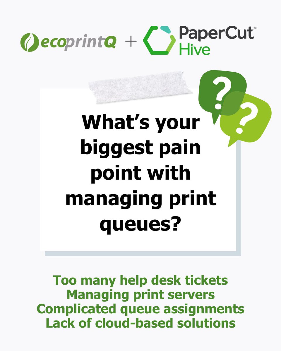What’s your biggest pain point with managing print queues?
Let us know below and see how PaperCut Hive can help with its serverless print queue deployment, automated queue assignments, and cloud-first scalability:
ecoprintq.com/papercut-hive/