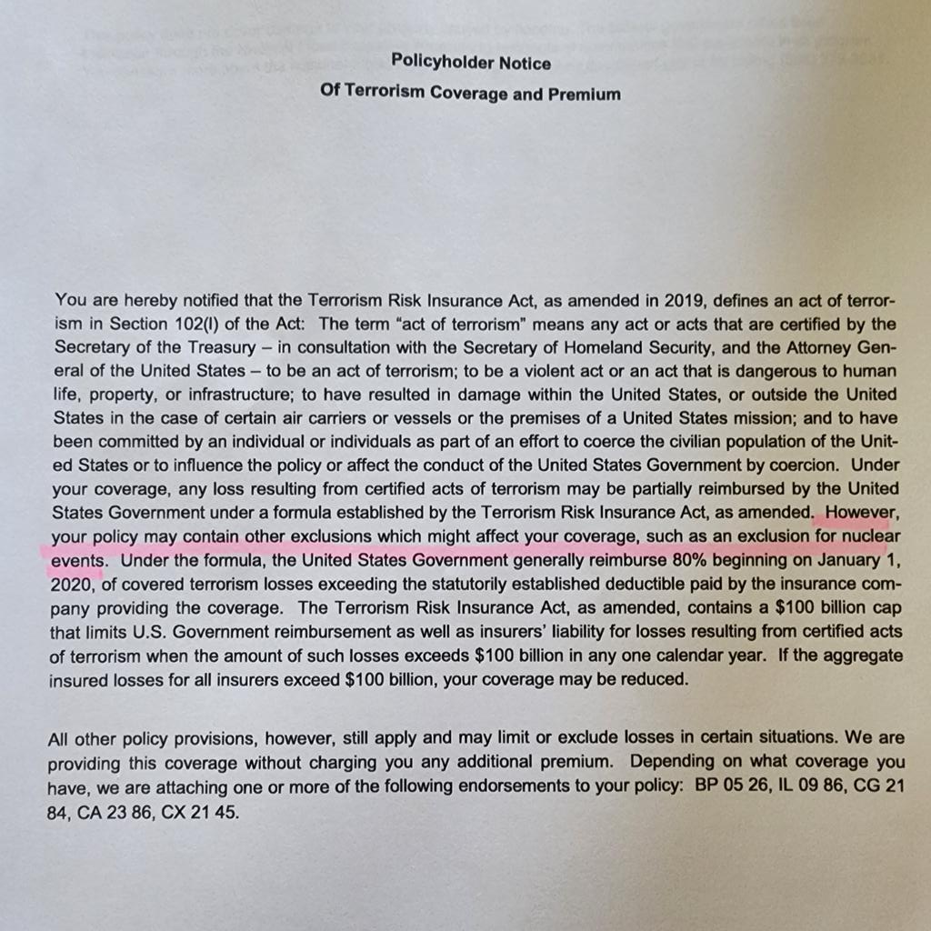 KatoIdaho's tweet photo. Here's the updated insurance for my biz in #Idaho.  Exclusion Endorsement = "the process of preventing individuals or entities that have been excluded from participating in or receiving reimbursement from".
#JeromeCounty #LincolnCounty #MidpointSubstation #IdahoPower #LSPOWER #nuclear #terrorism  #GreatBasinTransmission