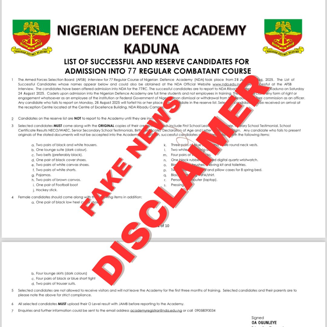 NDefenceAcademy's tweet photo. PUBLIC ANNOUNCEMENT

The attention of the Nigerian Defence Academy (NDA) has been drawn to a fake list of successful and reserve candidates at the Armed Forces Selection Board (AFSB) 2025. The general public is hereby advised to disregard this list as it did not emanate from the https://t.co/vs5Ek0pqIN