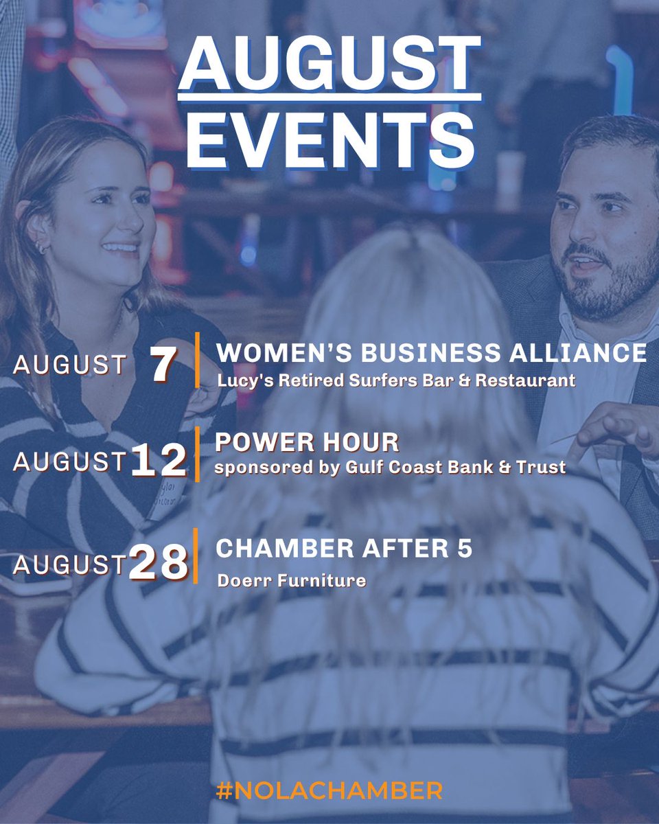August with the #NolaChamber! Are you ready? 🤝 

Register for our upcoming events here: neworleanschamber.org/events/catgid/6 

Members &amp; non-members are welcome!💙 

#nolanetwroking #nolaconnections #neworleansbusiness
