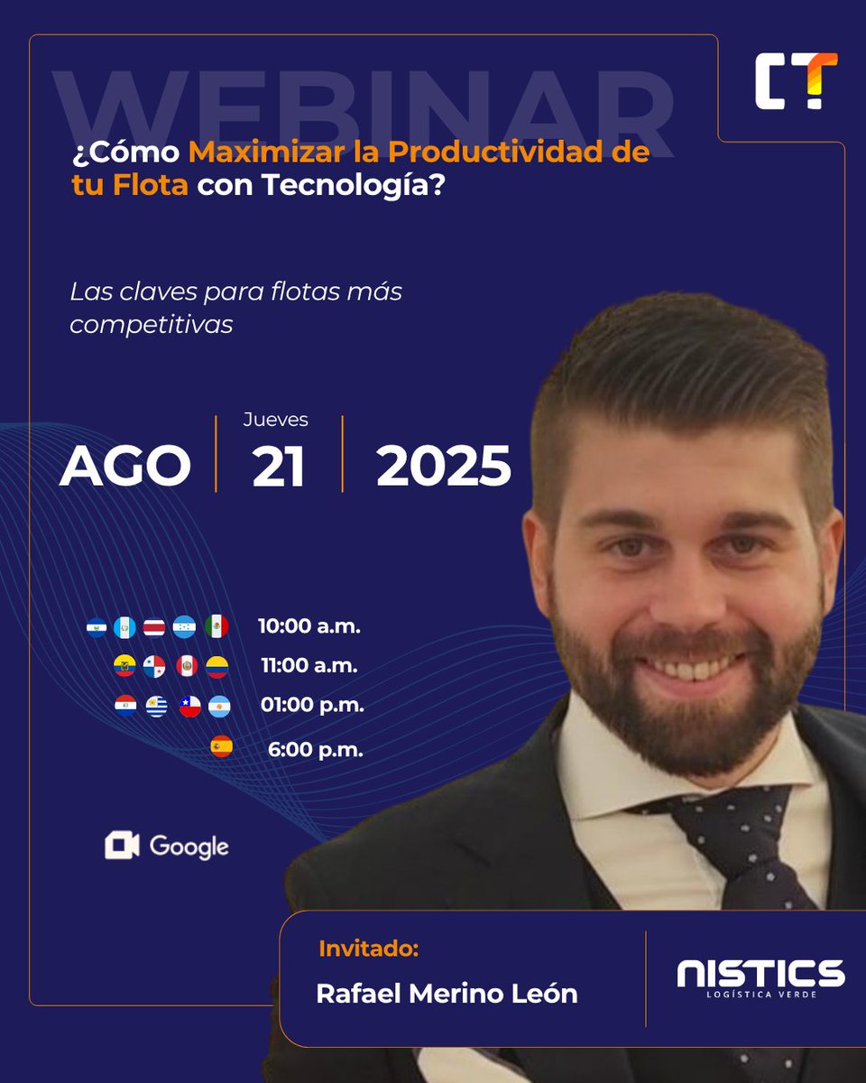 controlt_io's tweet photo. 🎙 Invitado destacado en nuestro próximo webinar: Rafael Merino León

🔗 Regístrate gratis aquí: https://t.co/VsWNNzHPmj

#ControlT #WebinarLogístico #ProductividadDeFlotas #TransformaciónDigital#LogísticaVerde #Nistics #TransporteInteligente https://t.co/qj9cnjskV9
