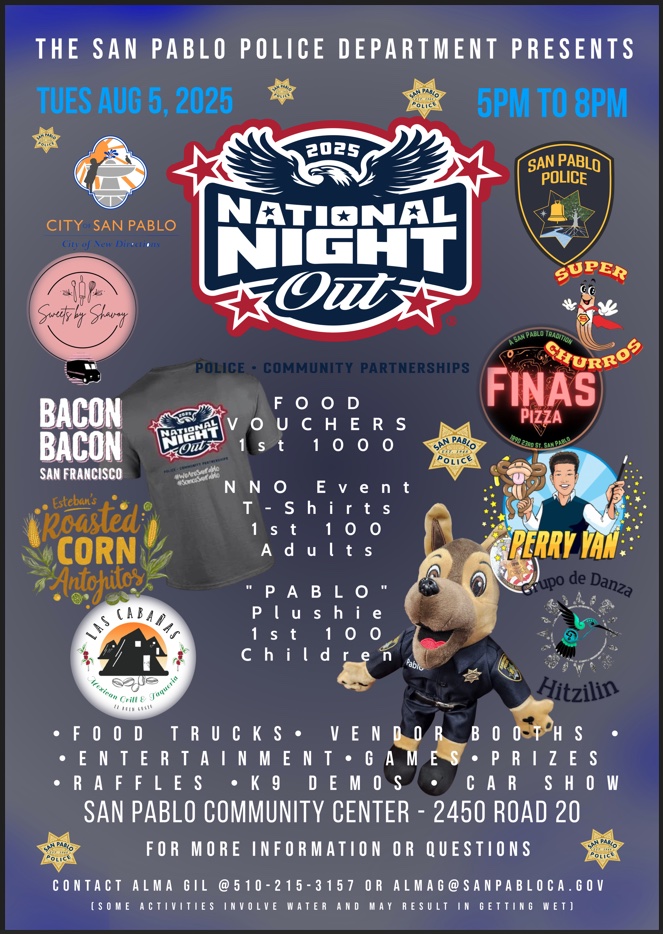 🎉🌟 Join us for NATIONAL NIGHT OUT TOMORROW! 🌟🎉

🗓️ Tuesday, August 5 | ⏰ 5-8 PM
📍 San Pablo Community Center

Get ready for a fun-filled evening with food trucks, awesome vendor booths, games, prizes, raffles, K9 demos &amp; an epic car show! 🚗🐾 Bring the whole family and