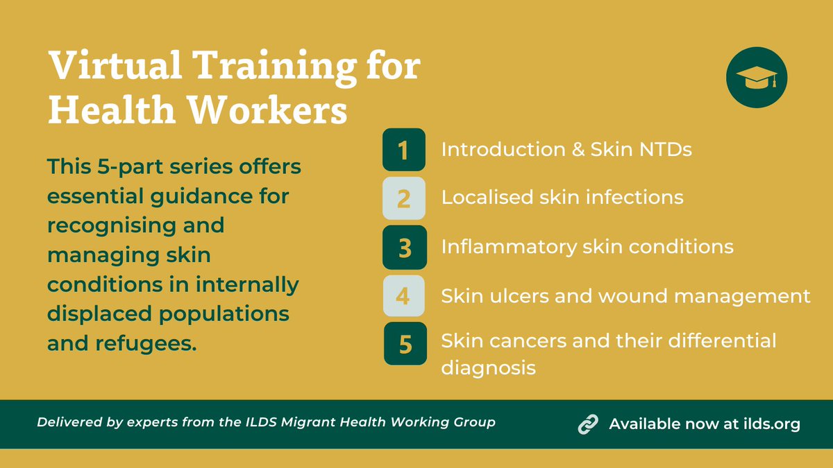 🆓 The ILDS Migrant Health Working Group has launched a five-part virtual course to support health workers caring for internally displaced persons and refugees. These short, expert-led modules cover common skin conditions and skin NTDs. Watch for free: bit.ly/IFD-MigrantHea…