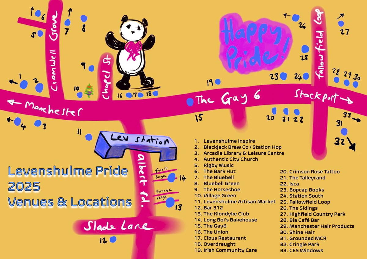 We have an handy map to help you find your way around Levenshulme Pride this weekend.

Levenshulme Pride 
8-10 August 2025