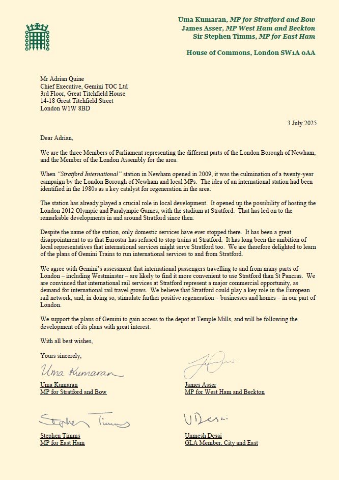 Sir Stephen Timms (@stephenctimms) on Twitter photo I welcome the proposal of Gemini Trains to run international trains from Stratford International Station <a href="/Uma_Kumaran/">Uma Kumaran MP</a> <a href="/JamesAsser/">James Asser MP</a> <a href="/unmeshdesai/">Unmesh Desai AM</a> I welcome the proposal of Gemini Trains to run international trains from Stratford International Station <a href="/Uma_Kumaran/">Uma Kumaran MP</a> <a href="/JamesAsser/">James Asser MP</a> <a href="/unmeshdesai/">Unmesh Desai AM</a>