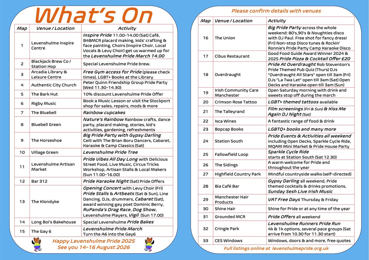 What’s On for Levenshulme Pride 2025? Here’s a summary. The full programme will go live online later this week ready for the weekend.

Levenshulme Pride
8-10 August 2025