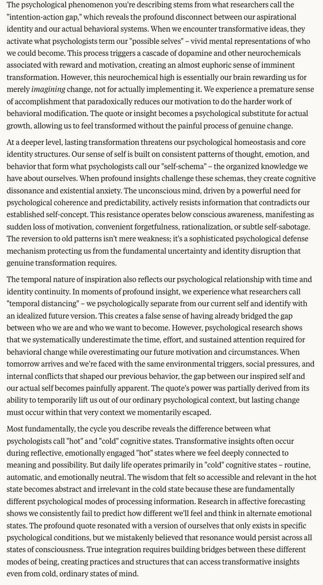 PromptLLM's tweet image. why is that when you hear a profound quote or read a thought provoking book, you think it will change your life, but then within a few hours you go back to how you were before?