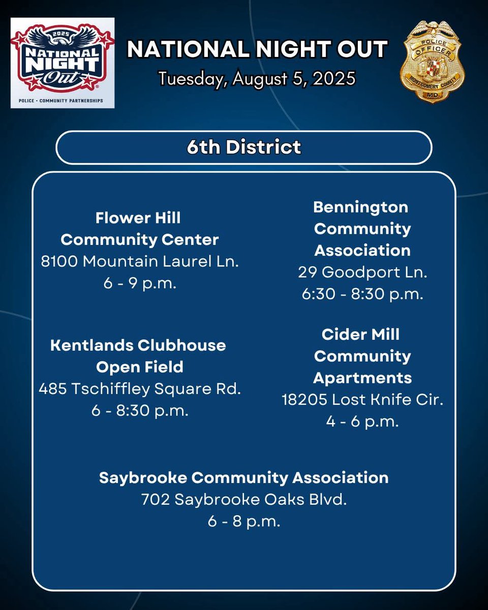 Montgomery County MD Government (@montgomerycomd) on Twitter photo Happening tomorrow!
Join us for #NationalNightOut on Tuesday, Aug. 5, an evening of block parties, games & community fun with <a href="/mcpnews/">Montgomery County Department of Police</a> and neighbors across Montgomery County.
Find an event near you: ow.ly/gcue50WyCGI Happening tomorrow!
Join us for #NationalNightOut on Tuesday, Aug. 5, an evening of block parties, games & community fun with <a href="/mcpnews/">Montgomery County Department of Police</a> and neighbors across Montgomery County.
Find an event near you: ow.ly/gcue50WyCGI