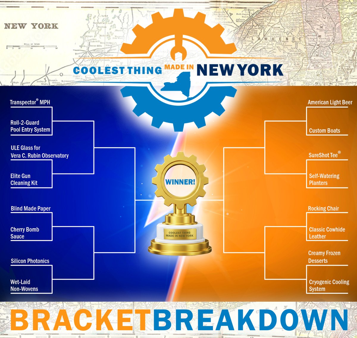 🏆Round of 16 voting is now open in our 'Coolest Thing Made in New York' contest!🏆 

The public has chosen 16 finalists from last week's Popular Vote to advance to the Round of 16 in our statewide competition.   

See the nominees and Vote Now!

#coolestthingNY 
#NYmfg