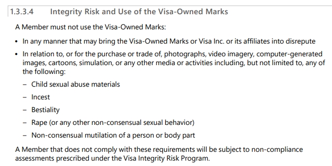 In case anyone is interested, these are the official rules of Visa and Mastercard regarding the kind of adult content they will not allow.