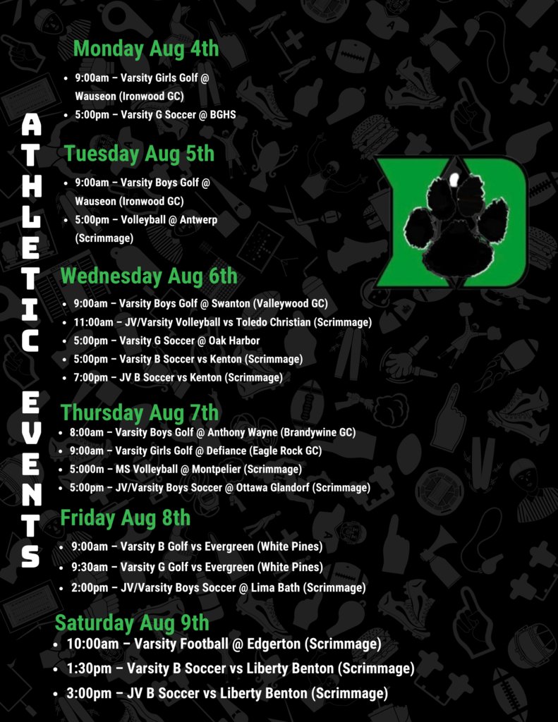 Please see below the athletic events for the upcoming week! 

Go Panthers!