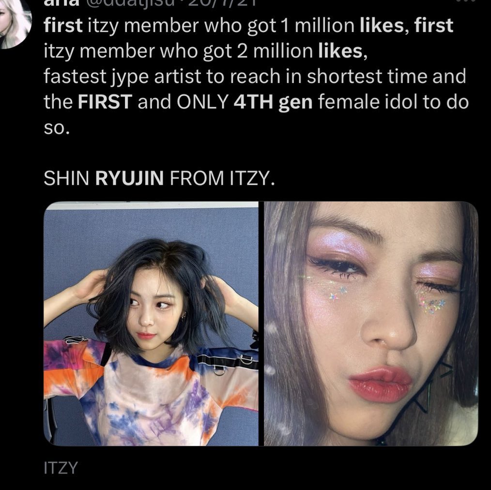 Ryujin was the FIRST 4th gen female idol to hit 1M &amp; 2M likes on IG, still holds the record for the most-liked post among ITZY members (2.69M likes), has the best engagement on itzyallinus, and u think ur fav could’ve been the most-followed member since the beginning? Be fr 😭