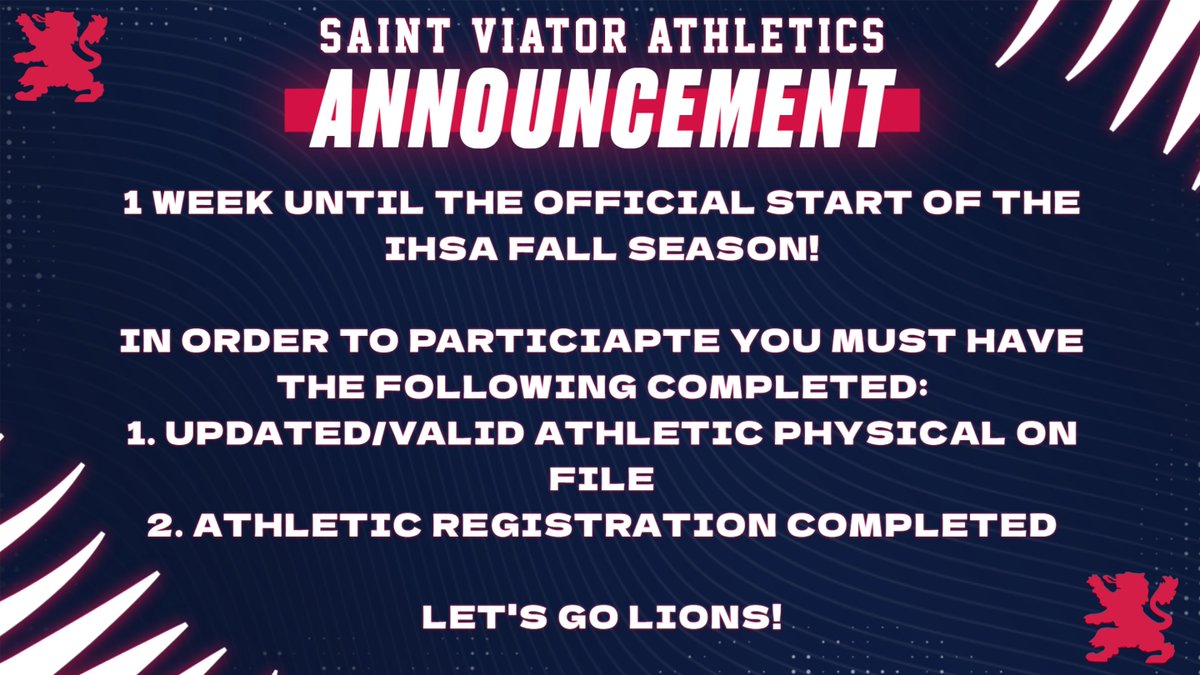 1 WEEK!! 

The official IHSA Fall Season begins on Monday, August 11th. 

For all information regarding tryouts/practices. Please visit the following link!

saintviator.com/news-detail?pk…

Let's Go Lions!