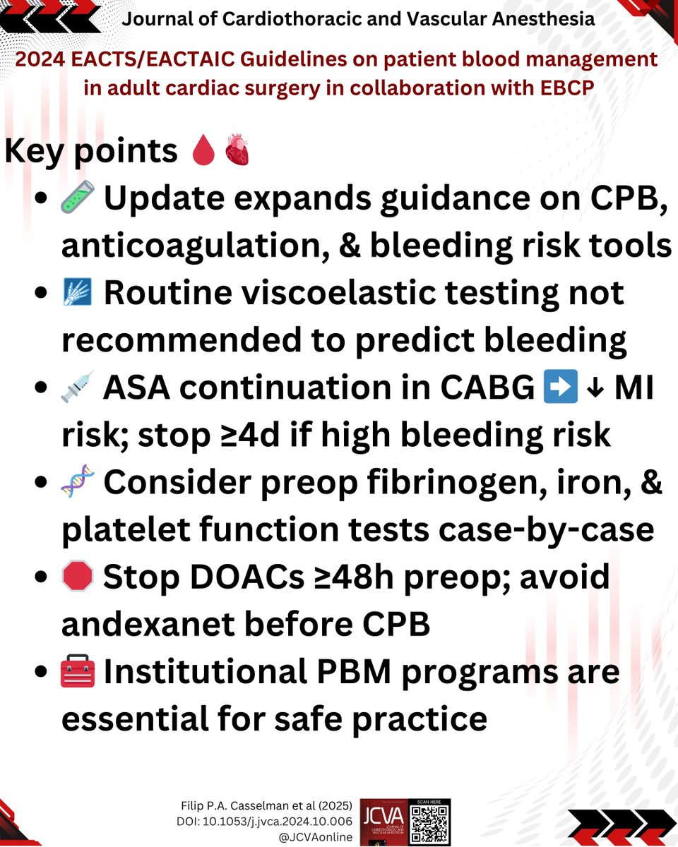 🆕 Hot off the press!
The 2024 EACTS/EACTAIC Patient Blood Management (PBM) guidelines are here—modernized, multidisciplinary, and practice-changing. 🫀🩸
📄 jcvaonline.com/article/S1053-…
🔖 #Highlights#PBM #CardiacSurgery #BloodManagement #JCVA