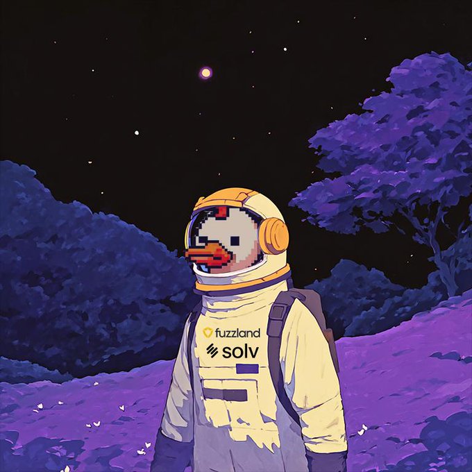 Fuzzland astronaut with Solv branding exploring a purple alien landscape