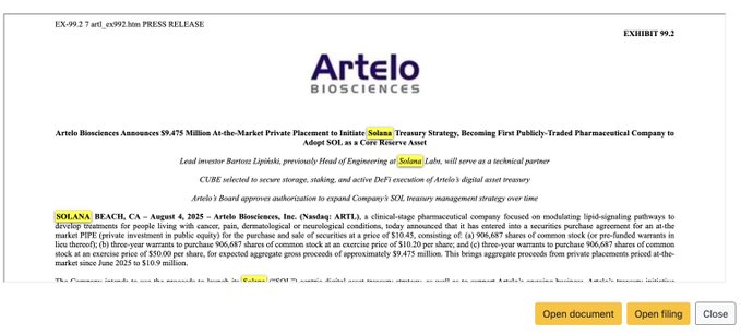 Artelo Biosciences Solana Treasury Strategy Announcement