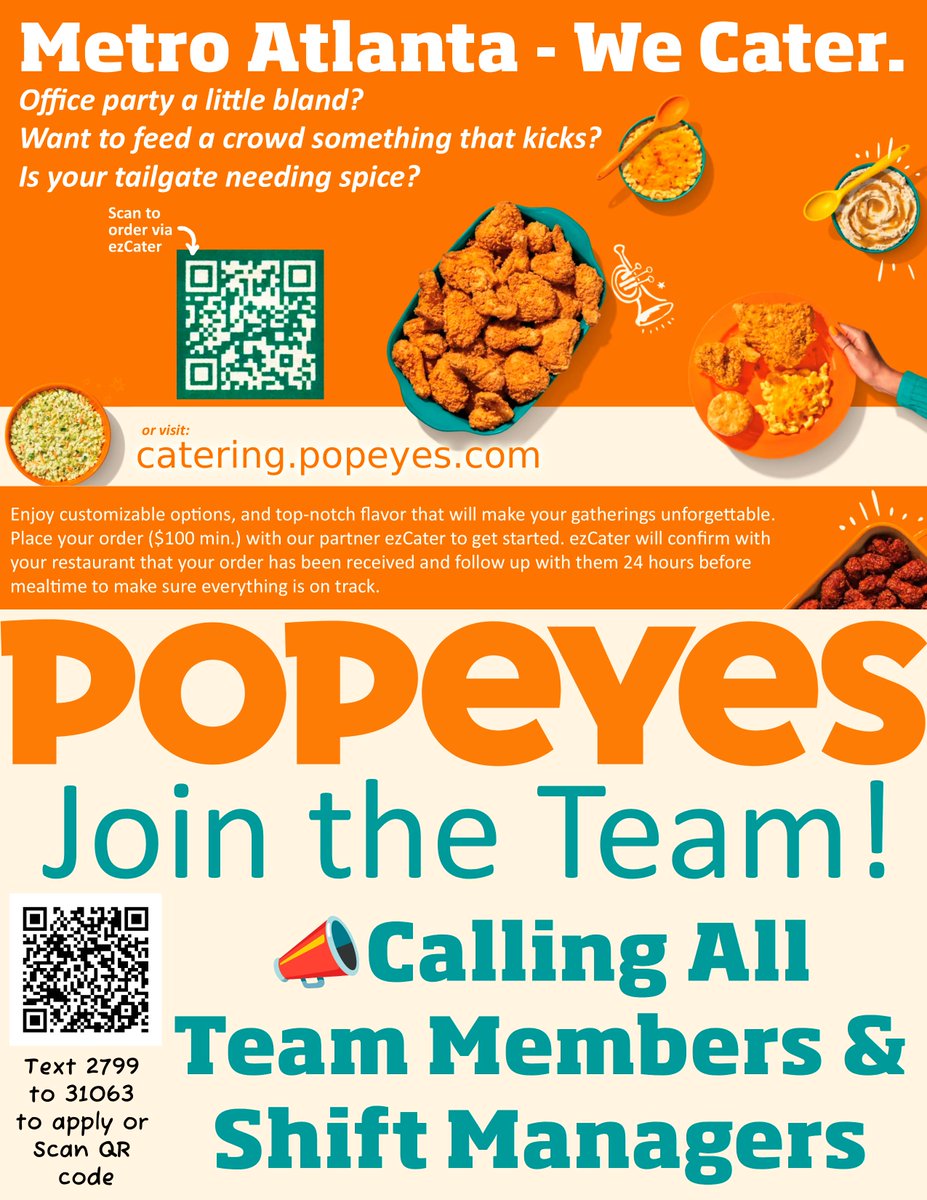 FunkyChickenATL's tweet image. ATL — We’re Fryin’ Up Flavor and Opportunity! 🍗📈
Metro Atlanta, Popeyes is bringing the heat — in the kitchen and in your career! 
🎯 Apply now: workstream.us/j/74bf9108/pop…
📲 Catering Order now: catering.popeyes.com
#AtlantaGA #PopeyesATL #OfficePartyATL