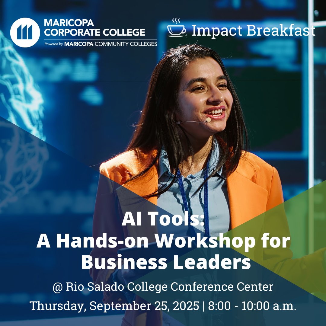 Maricopa Corporate (@mcorcollege) on Twitter photo Attention business leaders and HR professionals: Join us for our next #ImpactBreakfast on September 25!☕
Get hands-on with AI tools to boost productivity, streamline workflows, and stay competitive in today’s business world.
hubs.li/Q03sPTkB0
<a href="/chandlerchamber/">Chandler Chamber</a> Attention business leaders and HR professionals: Join us for our next #ImpactBreakfast on September 25!☕
Get hands-on with AI tools to boost productivity, streamline workflows, and stay competitive in today’s business world.
hubs.li/Q03sPTkB0
<a href="/chandlerchamber/">Chandler Chamber</a>